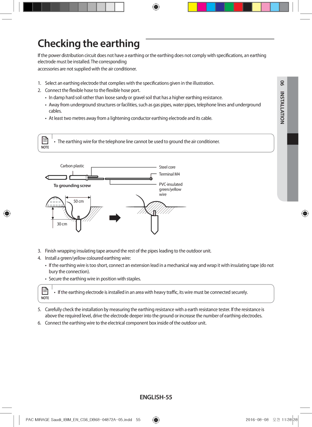 Samsung AF55JS1MAAPNMG, AF55JV1MAAPNMG, AF55MV1MAEENMG, AF55JS1MAEENMG, AF55JS3MAAPNMG manual Checking the earthing, ENGLISH-55 