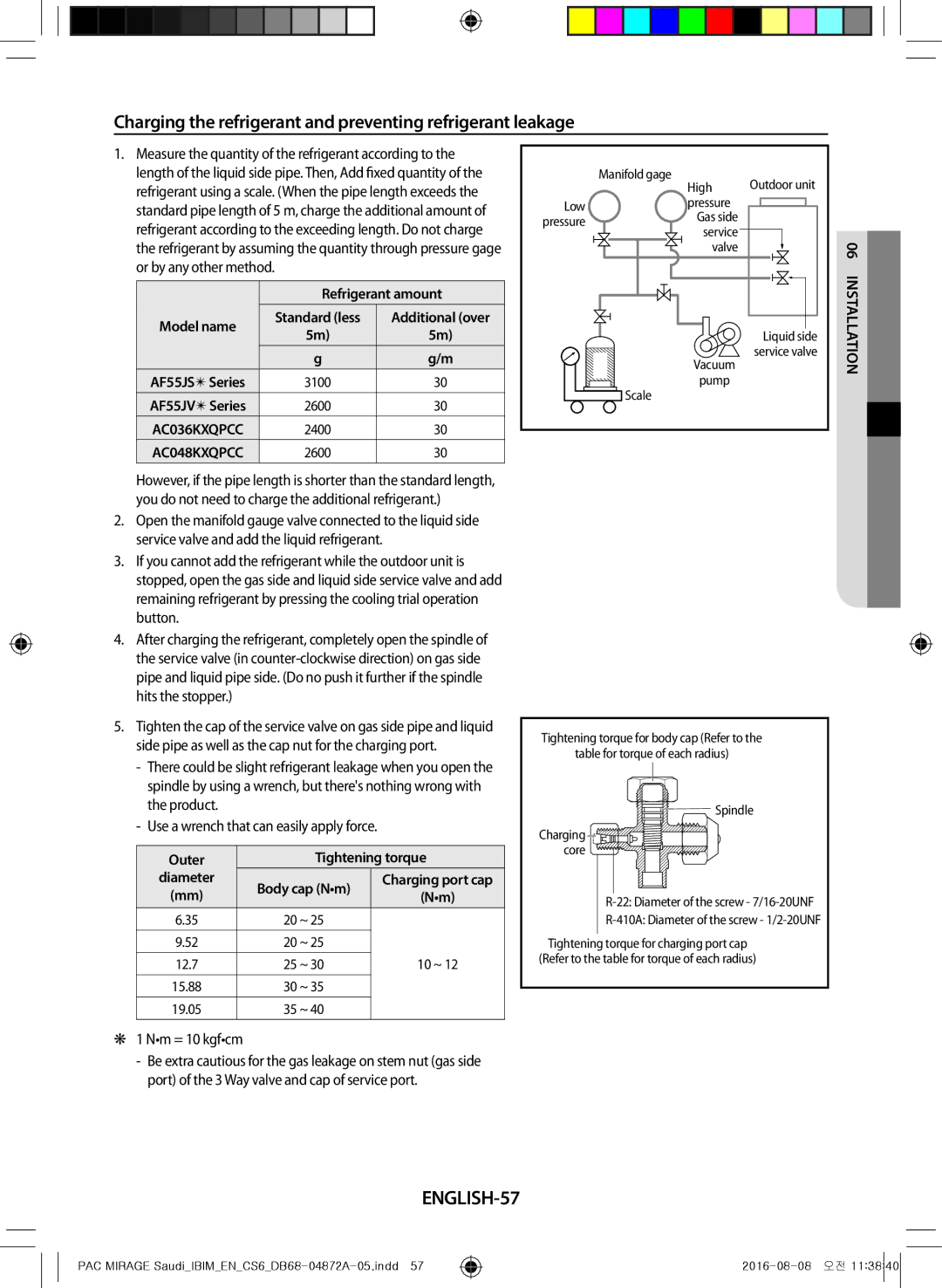 Samsung AF55JV1MAEENMG manual Charging the refrigerant and preventing refrigerant leakage, ENGLISH-57, Nm = 10 kgfcm 
