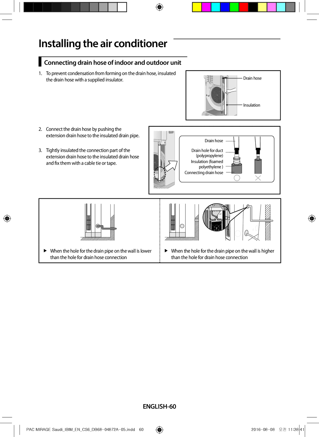 Samsung AF55JV1MAAPNMG Connecting drain hose of indoor and outdoor unit, ENGLISH-60, Fix them with a cable tie or tape 