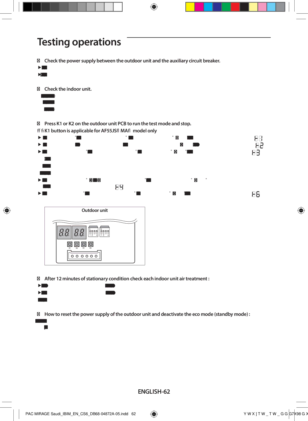 Samsung AF55JS1MAEENMG manual Testing operations, ENGLISH-62, Ff3 phases power supply R, S, T, N, Check the indoor unit 