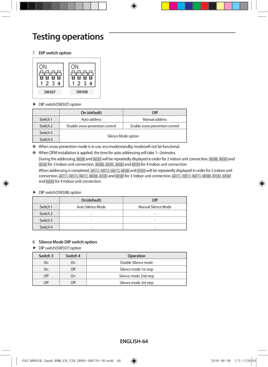 Samsung AF55JS3MAEENMG, AF55JV1MAAPNMG, AF55MV1MAEENMG manual ENGLISH-64, DIP switch option, FfDIP switchSW507 option 