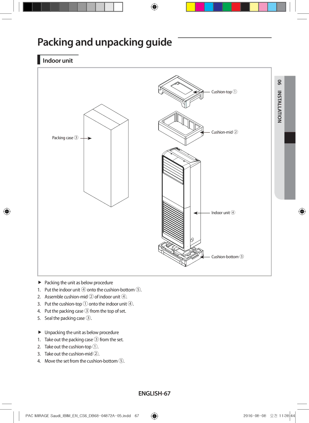 Samsung AF55JV1MAEENMG, AF55JV1MAAPNMG, AF55MV1MAEENMG, AF55JS1MAEENMG manual Packing and unpacking guide, ENGLISH-67 