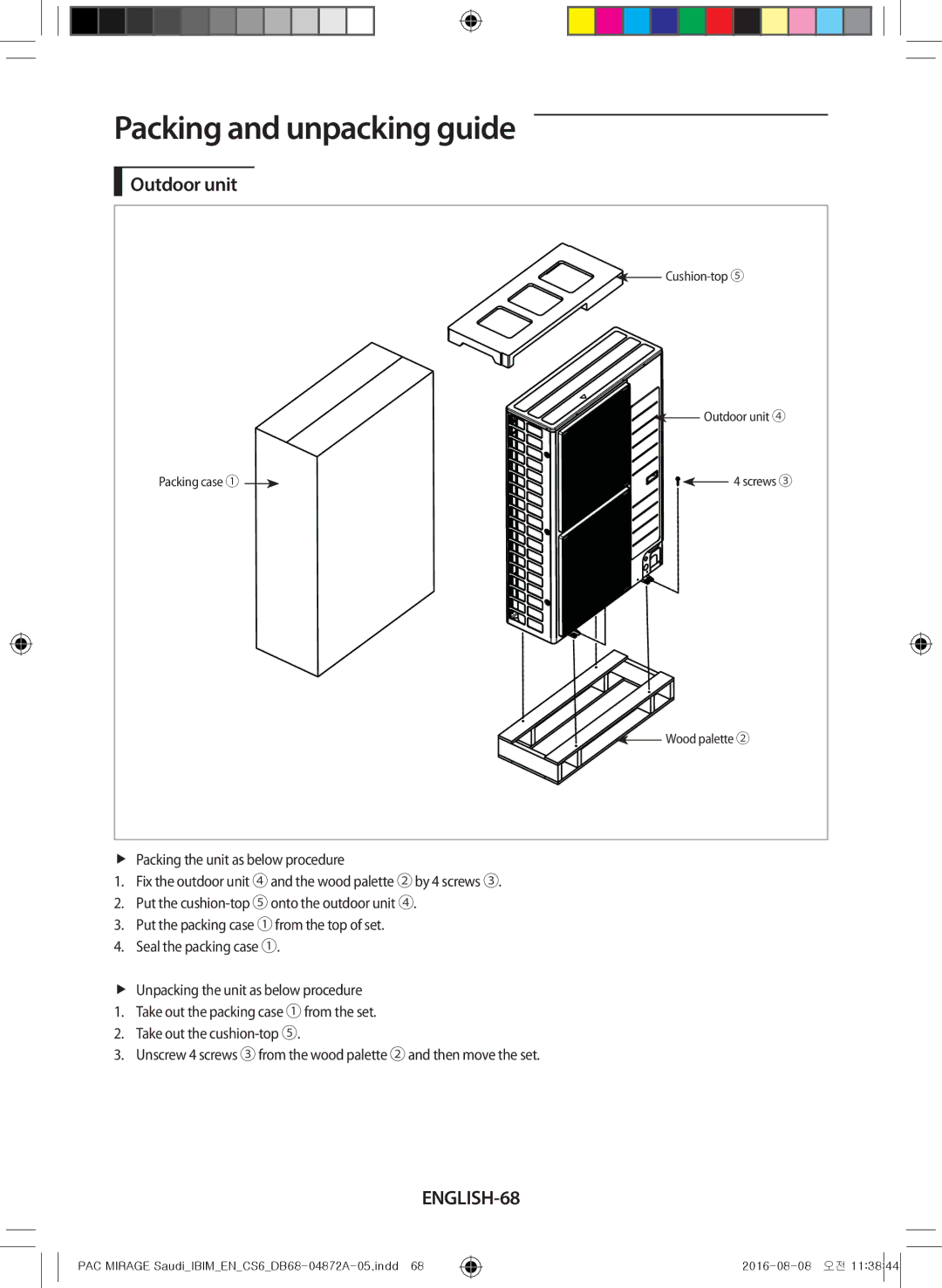 Samsung AF55JV3MAEENMG, AF55JV1MAAPNMG, AF55MV1MAEENMG, AF55JS1MAEENMG, AF55JS3MAAPNMG manual Outdoor unit, ENGLISH-68 