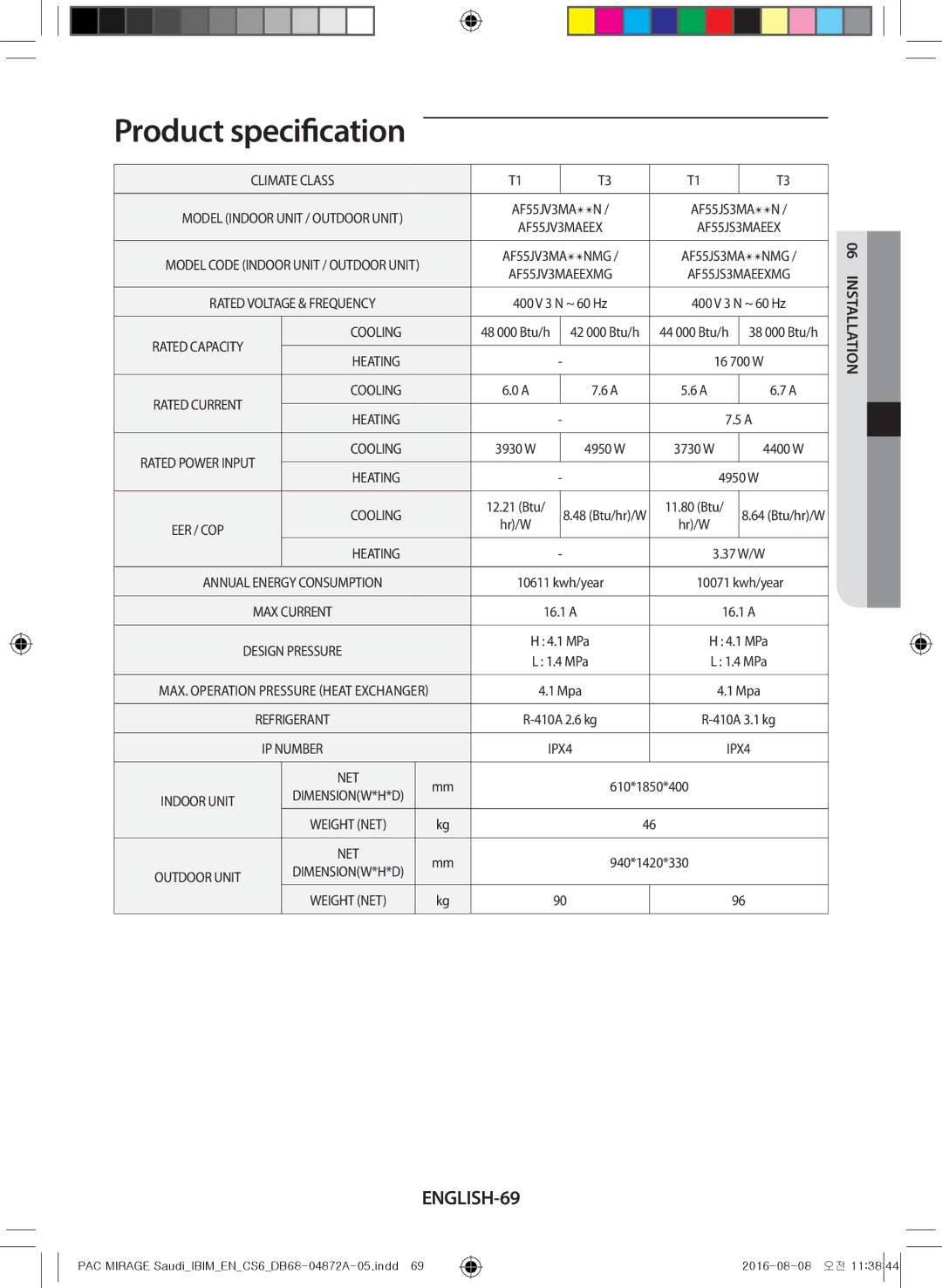 Samsung AF55JV3MAAPNMG, AF55JV1MAAPNMG, AF55MV1MAEENMG, AF55JS1MAEENMG, AF55JS3MAAPNMG manual Product specification, ENGLISH-69 