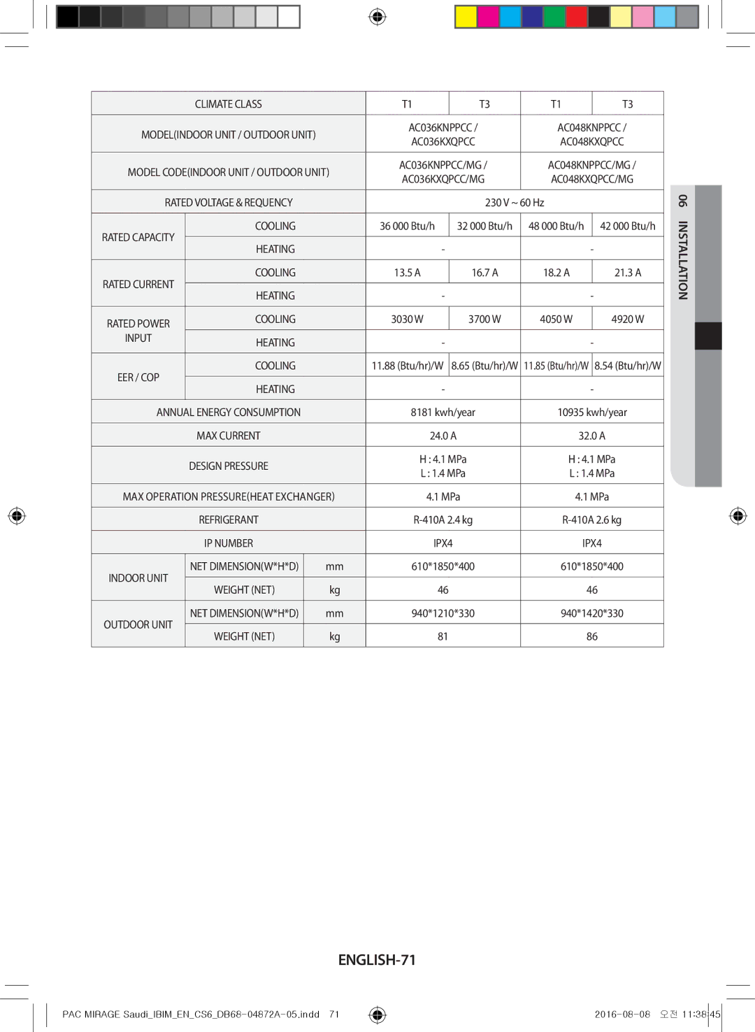 Samsung AF55MV1MAEENMG, AF55JV1MAAPNMG, AF55JS1MAEENMG, AF55JS3MAAPNMG, AF55JS3MAEENMG manual ENGLISH-71, Design Pressure 