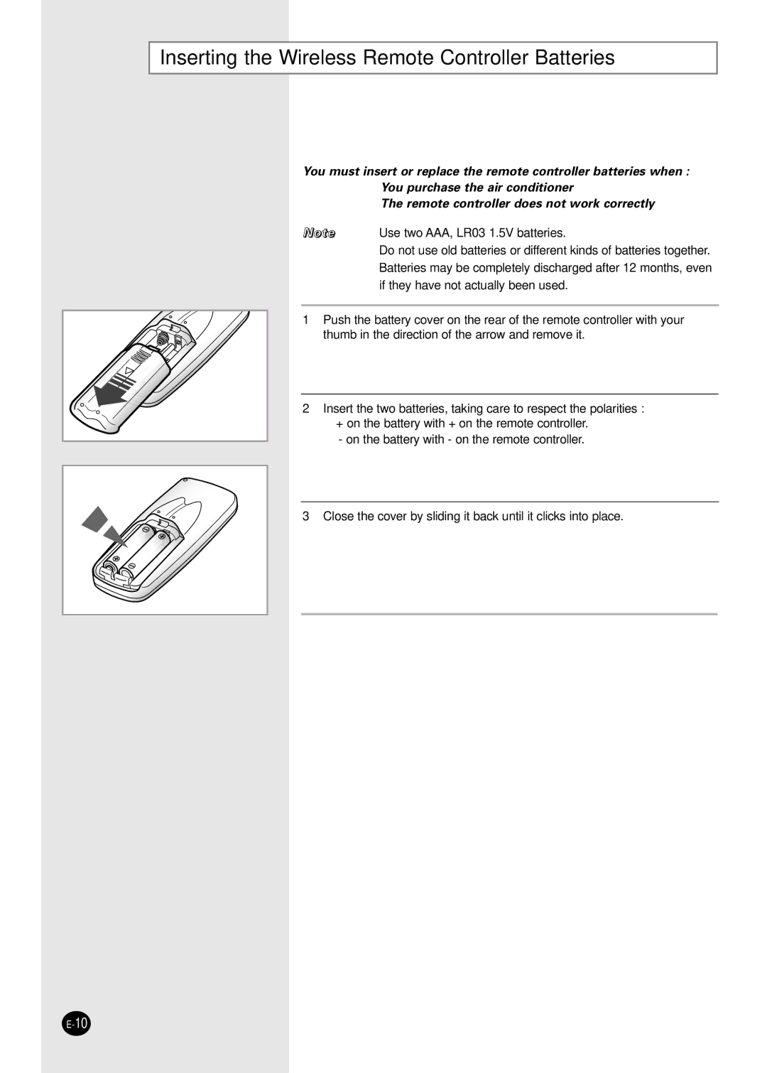 Samsung AFPCC052CA0 manuel dutilisation Inserting the Wireless Remote Controller Batteries 