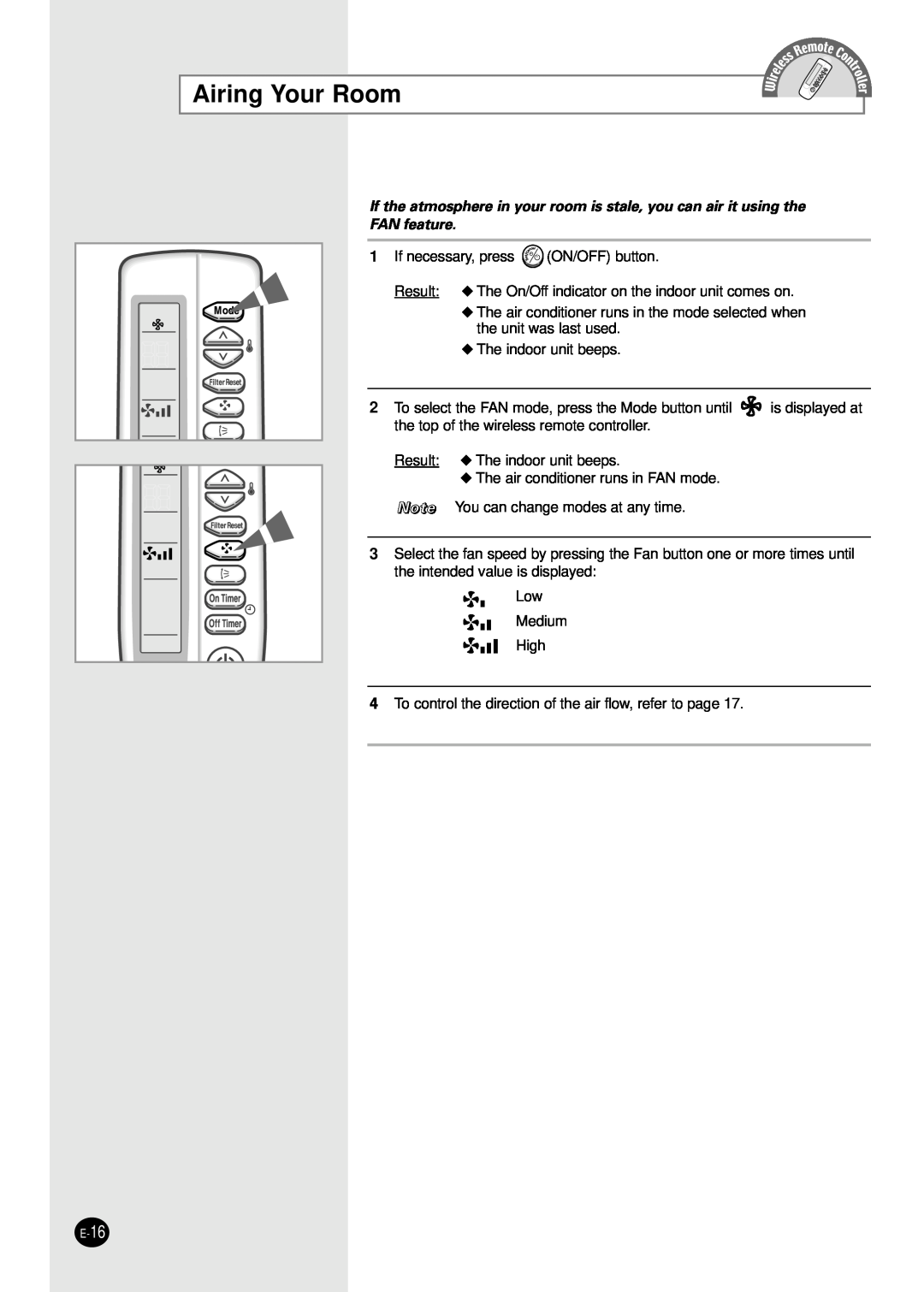 Samsung AFPCC052CA0 manuel dutilisation Airing Your Room, FAN feature 