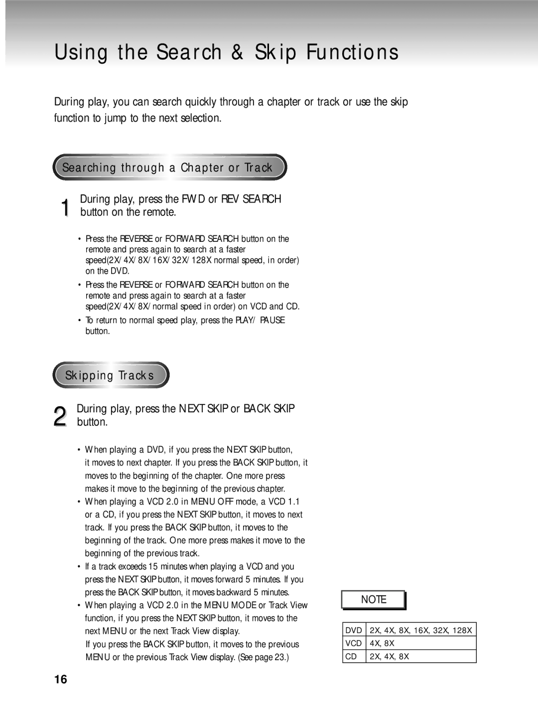 Samsung AH68-00723A manual Using the Search & Skip Functions, Searching through a Chapter or Track, Skipping Tracks 