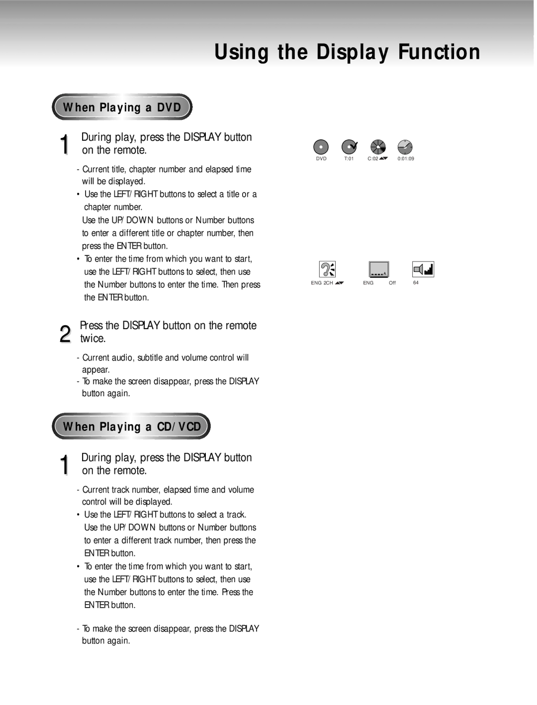 Samsung AH68-00723A Using the Display Function, When Playing a DVD, During play, press the Display button on the remote 