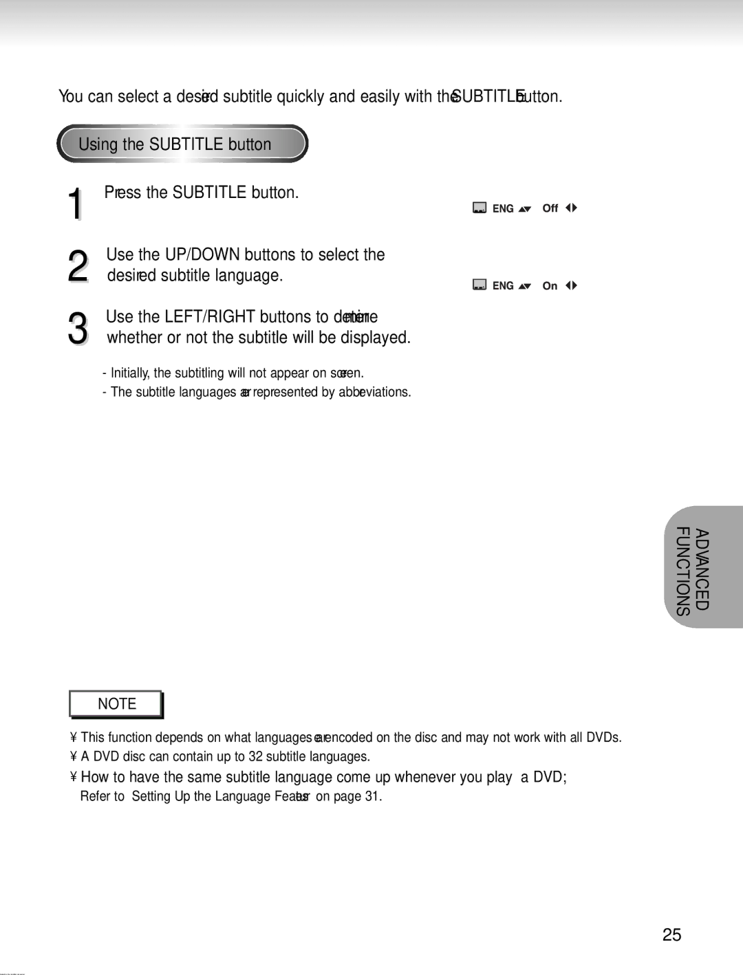 Samsung AH68-00723A manual Selecting the Subtitle Language, Using the Subtitle button, Press the Subtitle button 