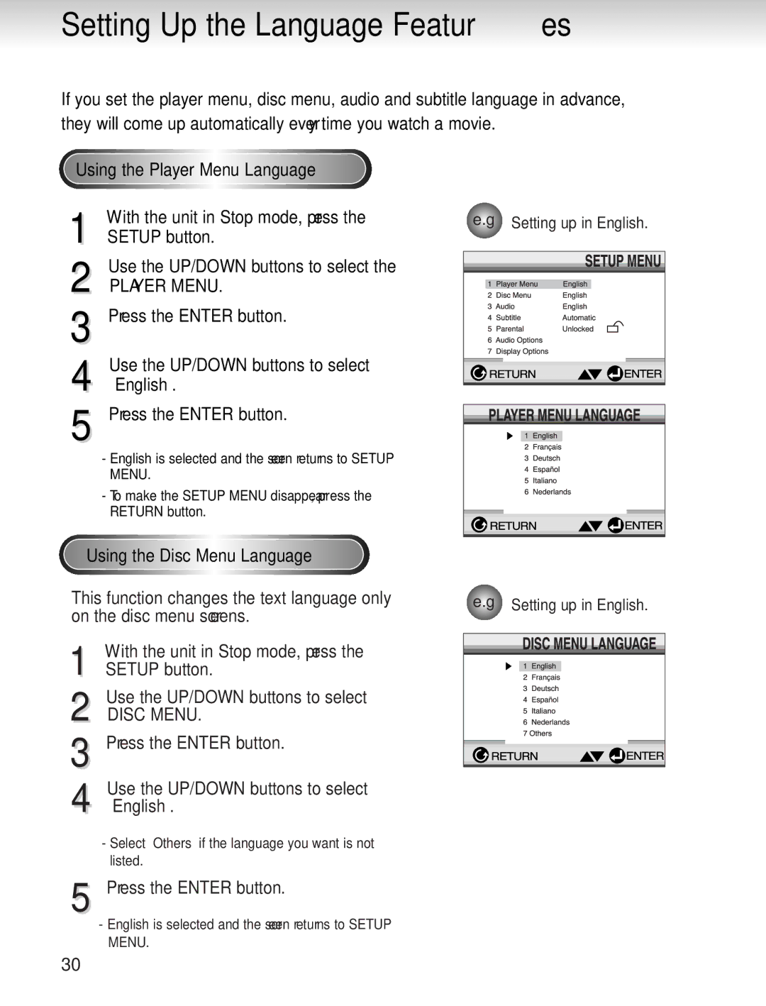 Samsung AH68-00723A manual Setting Up the Language Features, Menu, Enu 