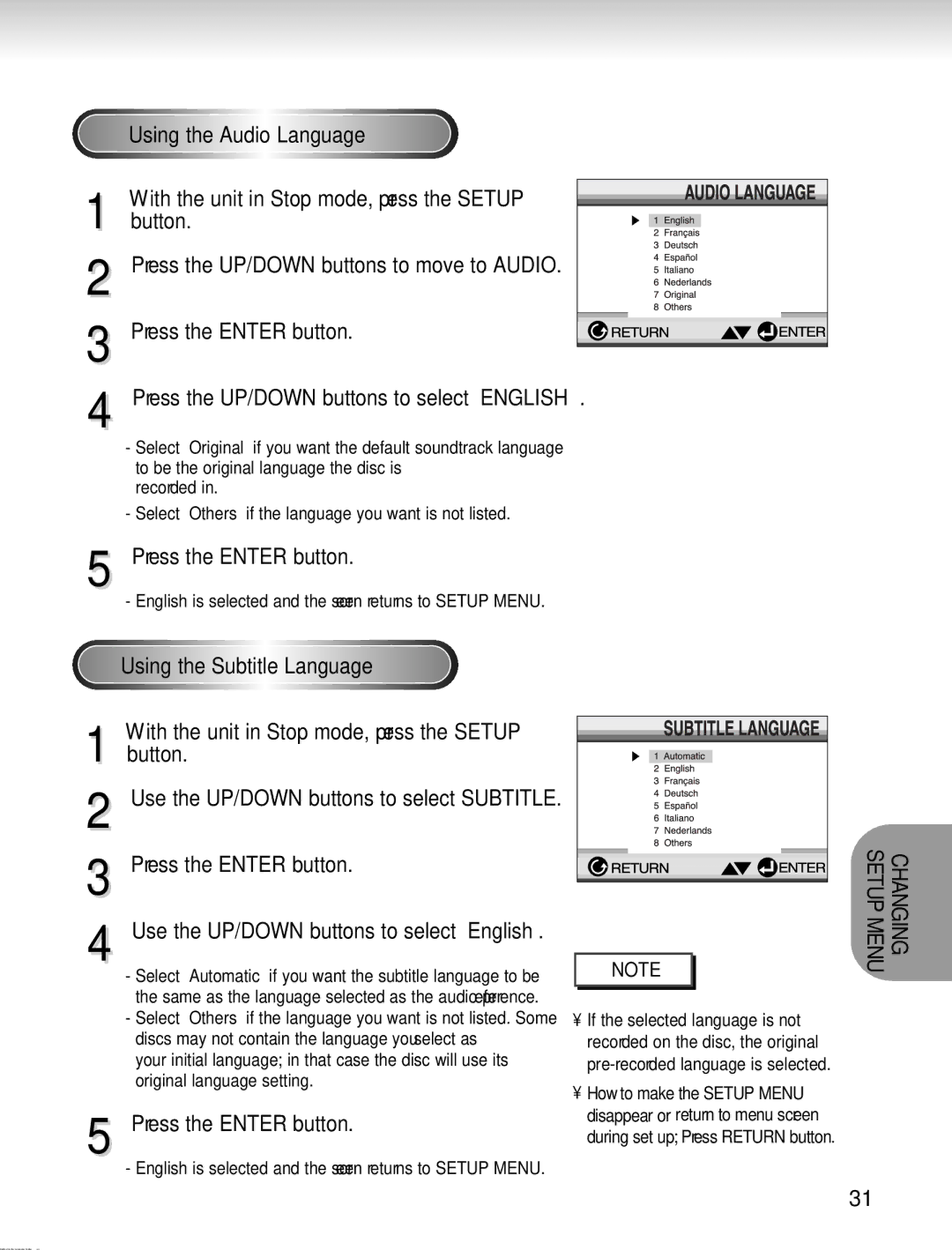 Samsung AH68-00723A Using the Audio Language, Using the Subtitle Language, Use the UP/DOWN buttons to select Subtitle 