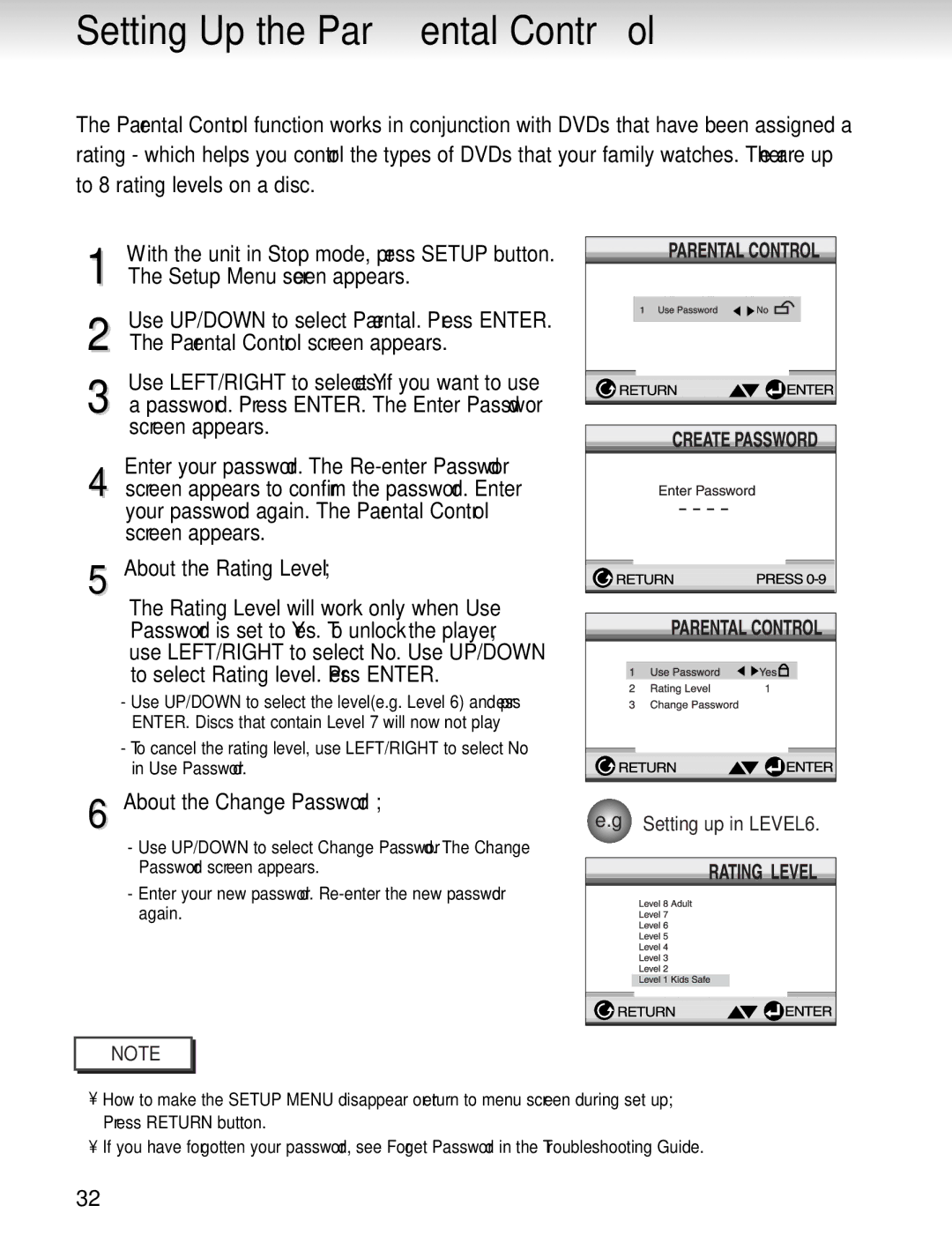 Samsung AH68-00723A manual Setting Up the Parental Control, About the Change Password, Setting up in LEVEL6 