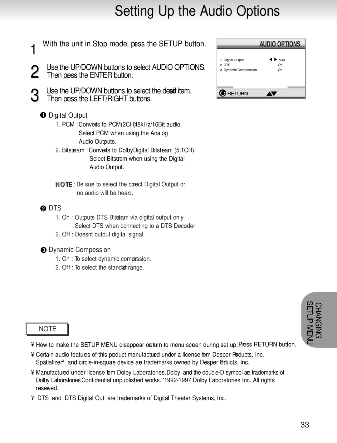 Samsung AH68-00723A manual Setting Up the Audio Options, Digital Output, Dynamic Compression 