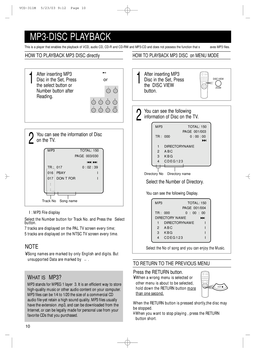 Samsung AH68-00934B manual MP3-DISC Playback, What is MP3?, To Return to the Previous Menu 