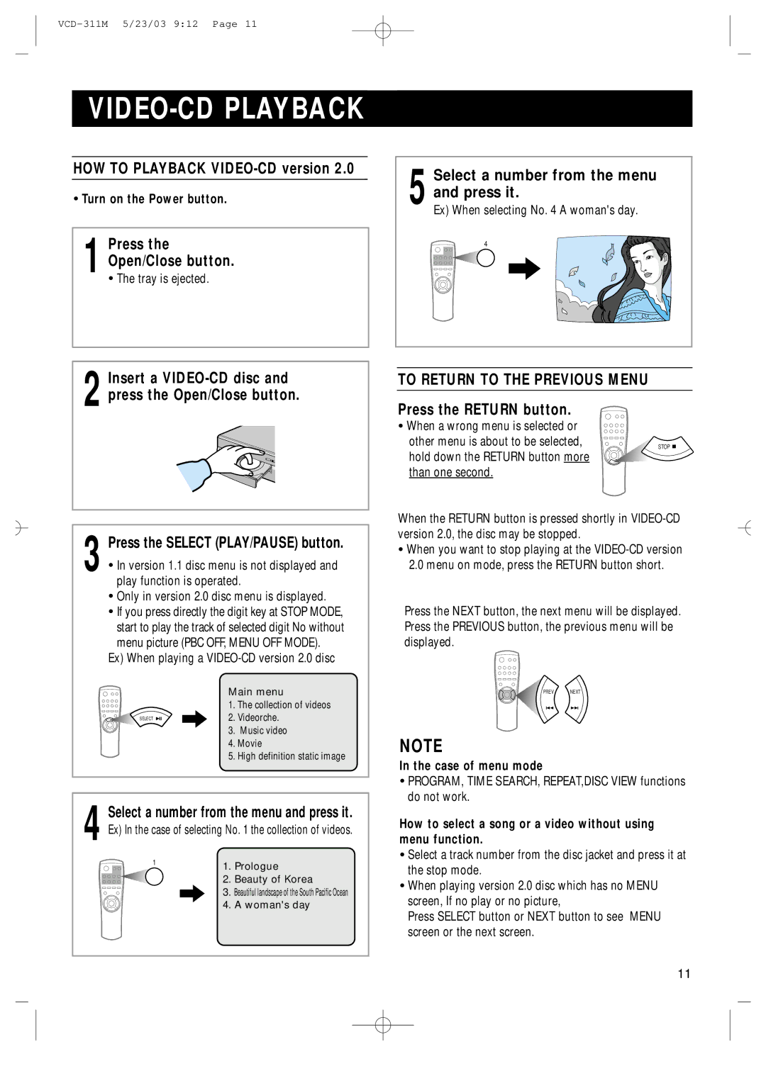 Samsung AH68-00934B manual HOW to Playback VIDEO-CD version, 5Select a number from the menu and press it 