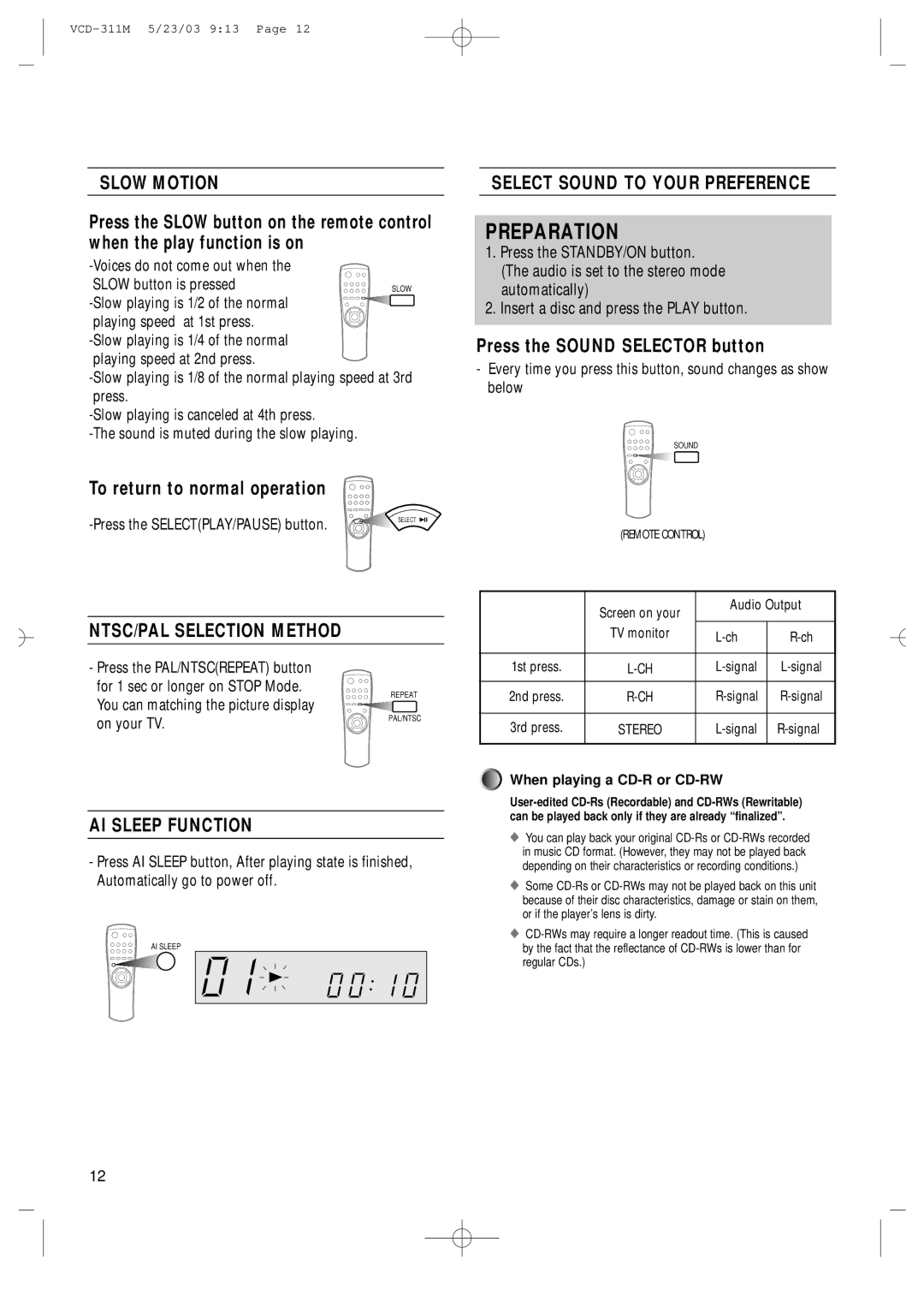 Samsung AH68-00934B manual Slow Motion, NTSC/PAL Selection Method, AI Sleep Function, Select Sound to Your Preference 