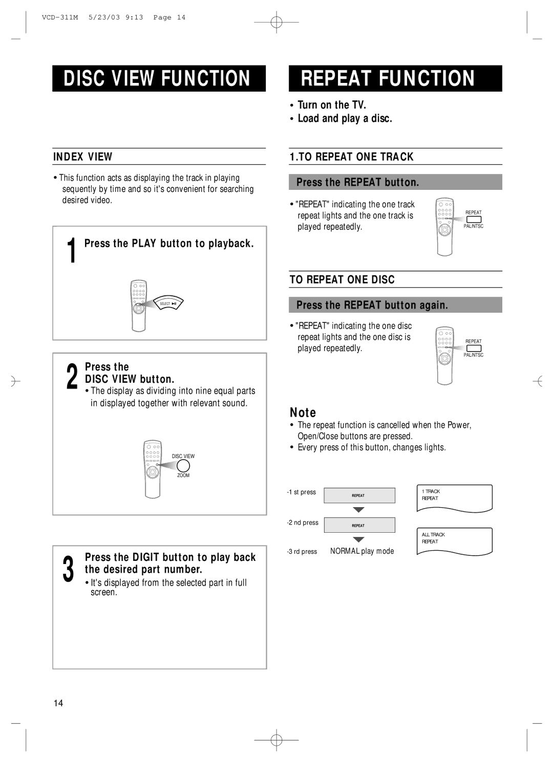 Samsung AH68-00934B manual Repeat Function, Index View, To Repeat ONE Track, To Repeat ONE Disc 