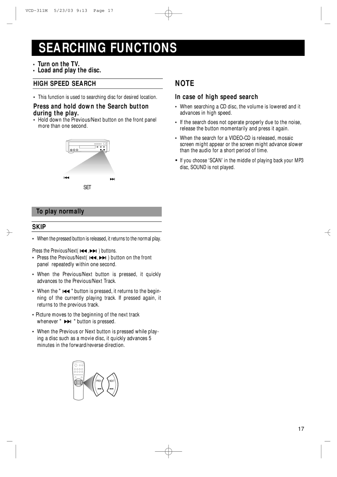 Samsung AH68-00934B manual Searching Functions, High Speed Search, Skip 