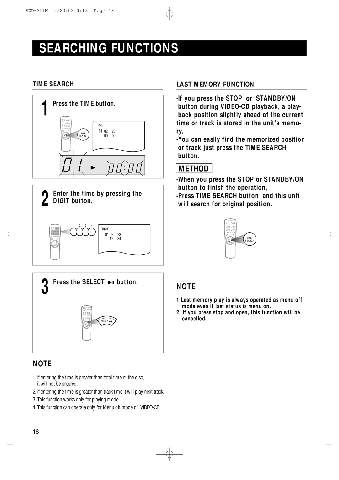 Samsung AH68-00934B manual Time Search, Press the Select button, Last Memory Function 