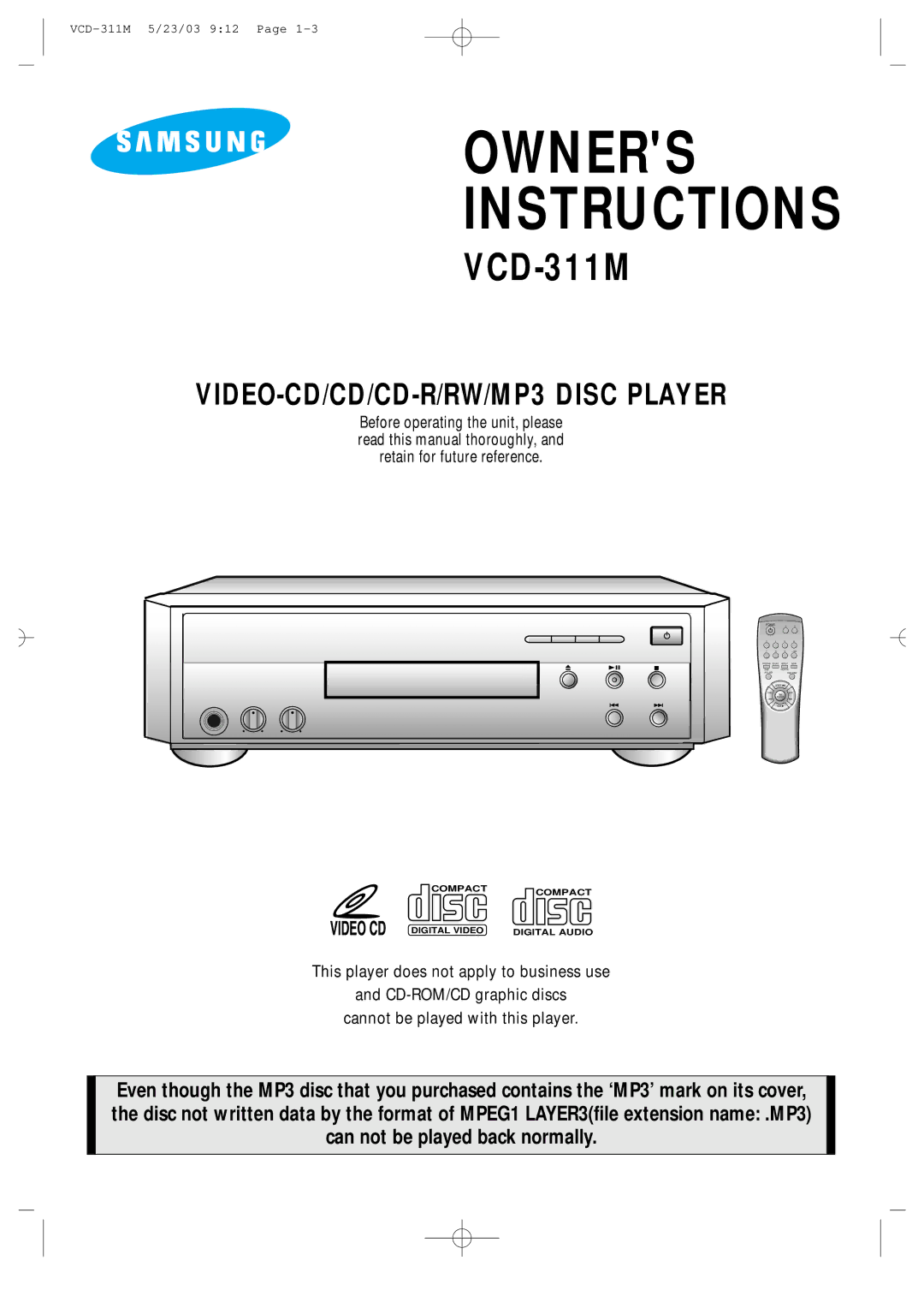 Samsung AH68-00934B manual Owners Instructions 