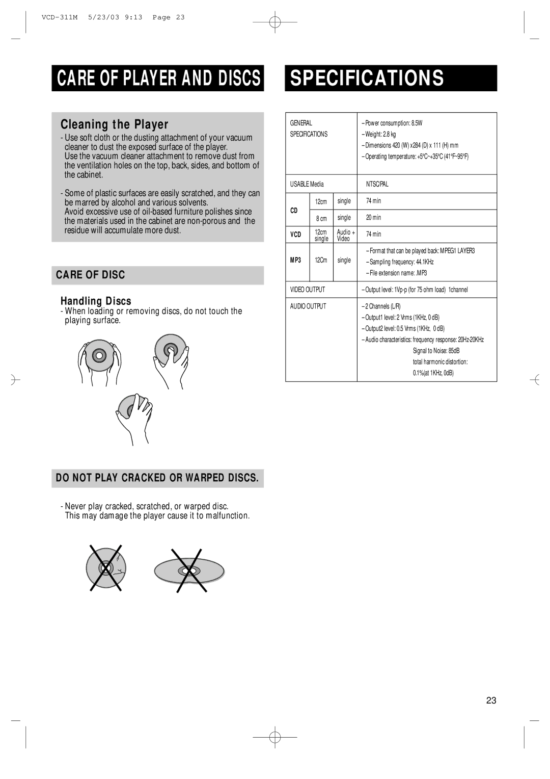 Samsung AH68-00934B manual Specifications, Care of Disc, Handling Discs 