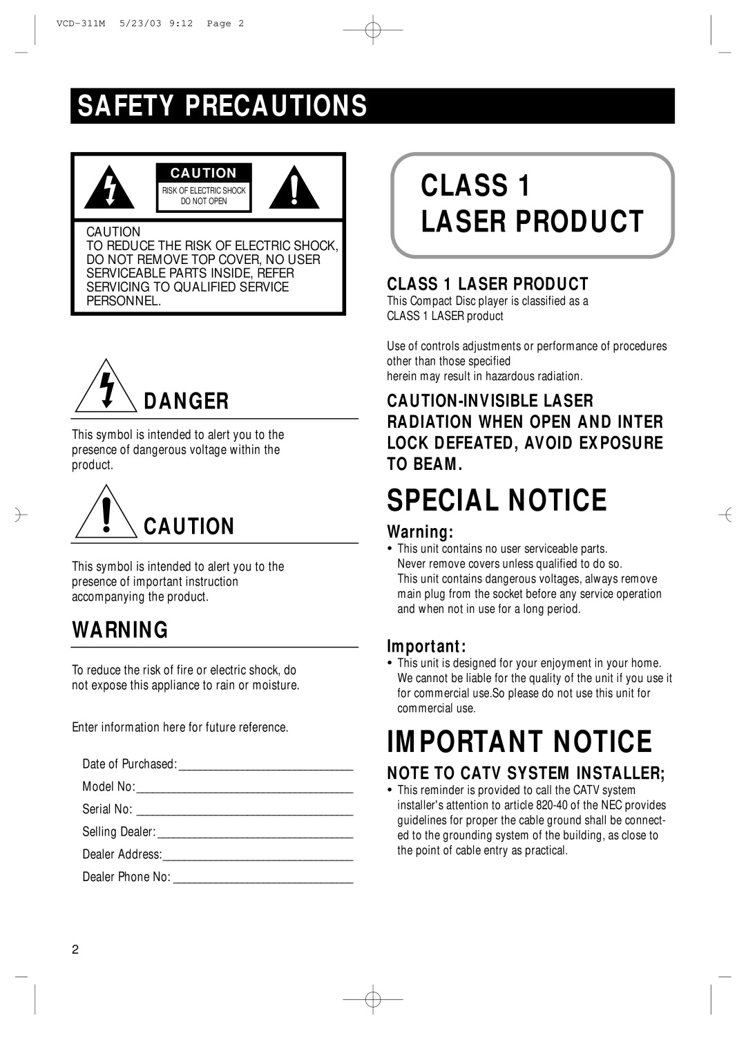 Samsung AH68-00934B manual Class Laser Product, Safety Precautions 