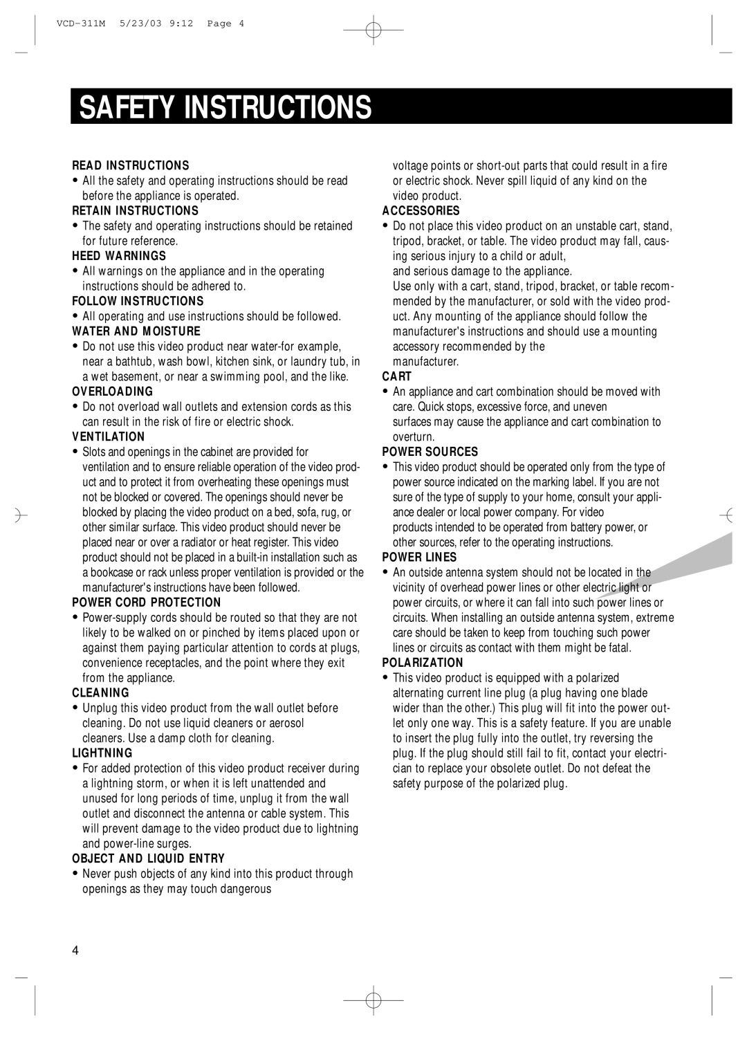 Samsung AH68-00934B Read Instructions, Retain Instructions, Heed Warnings, Follow Instructions, Water and Moisture, Cart 