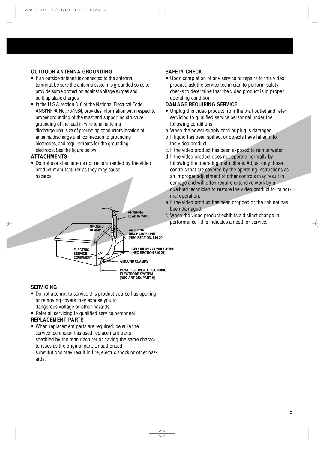 Samsung AH68-00934B manual Outdoor Antenna Grounding, Attachments, Safety Check, Damage Requiring Service, Servicing 