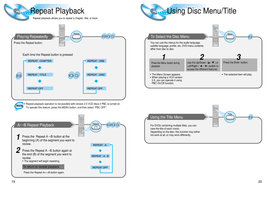 Samsung AH68-01008B instruction manual Repeat Playback, Using Disc Menu/Title 