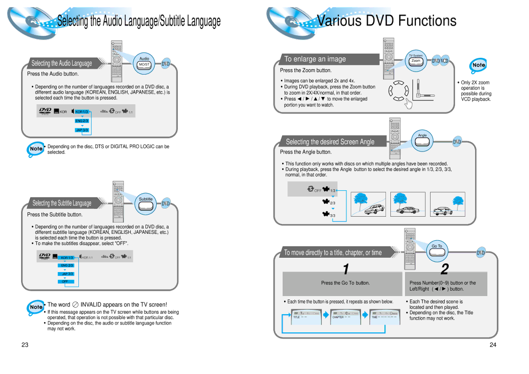 Samsung AH68-01008B instruction manual Various DVD Functions, To enlarge an image, Word Invalid appears on the TV screen 