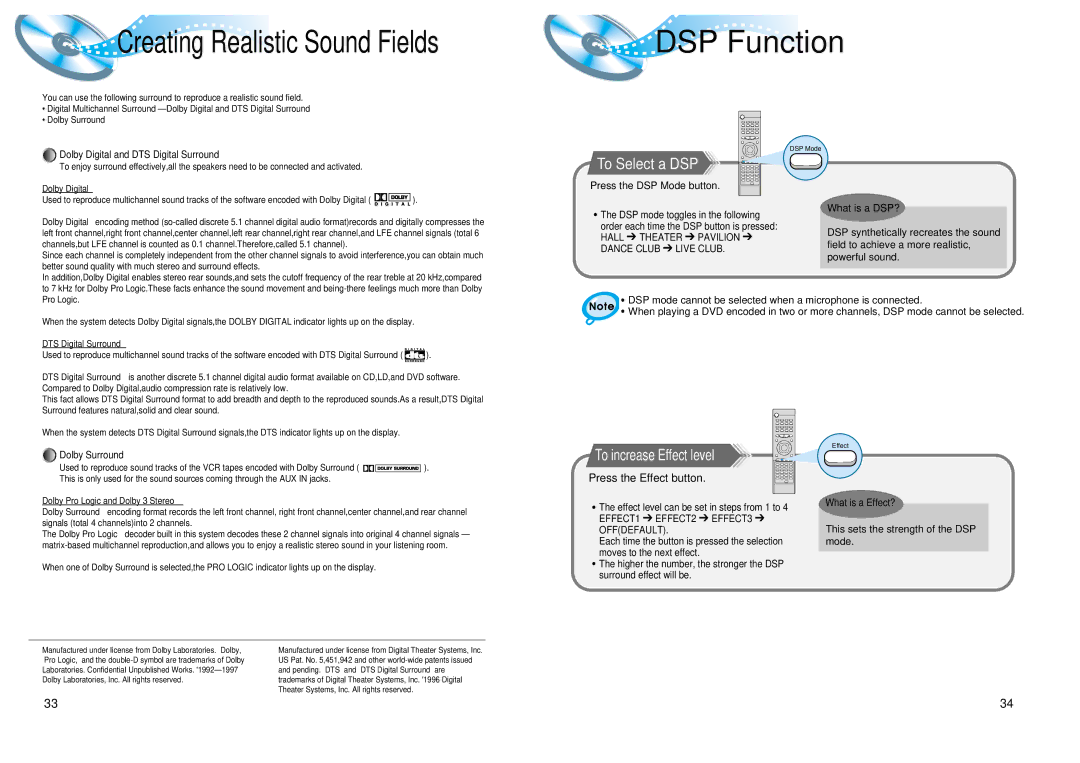 Samsung AH68-01008B instruction manual DSP Function, To Select a DSP, Press the Effect button, Press the DSP Mode button 