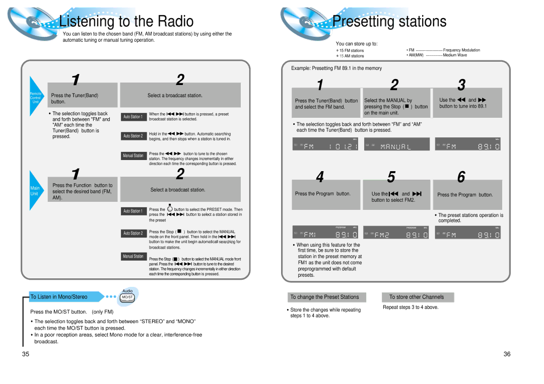 Samsung AH68-01008B Listening to the Radio, Presetting stations, To Listen in Mono/Stereo Press the MO/ST button. only FM 