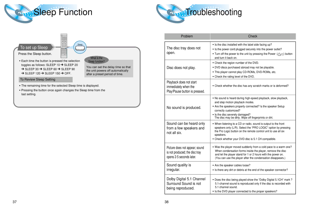 Samsung AH68-01008B instruction manual Sleep Function, Troubleshooting, To set up Sleep 