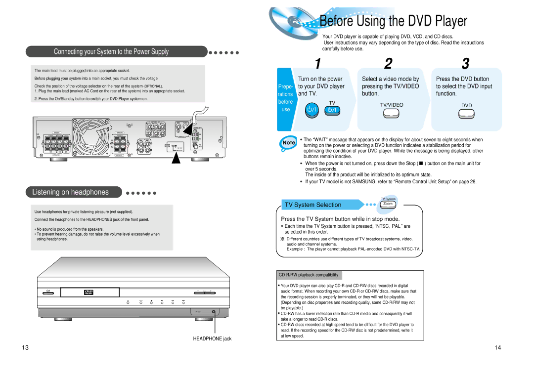 Samsung AH68-01008B instruction manual Listening on headphones, To your DVD player Pressing the TV/VIDEO, Button Function 