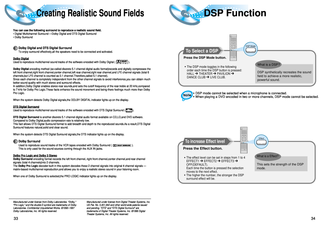 Samsung AH68-01008B DSP Function, To Select a DSP, To increase Effect level, Press the Effect button, Dolby Digital 