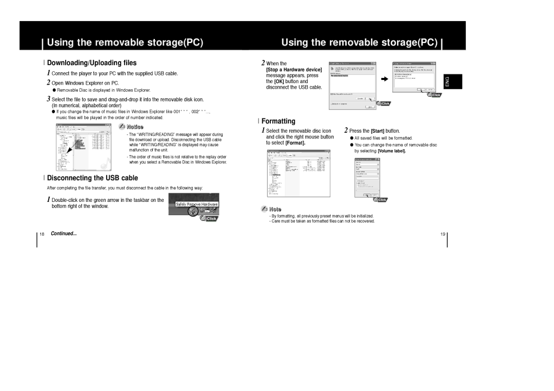 Samsung AH68-01633B Using the removable storagePC, Downloading/Uploading files, Disconnecting the USB cable, Formatting 