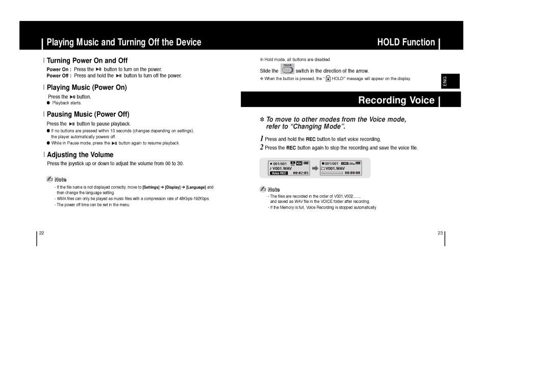 Samsung AH68-01633B manual Recording Voice, Turning Power On and Off, Playing Music Power On, Pausing Music Power Off 