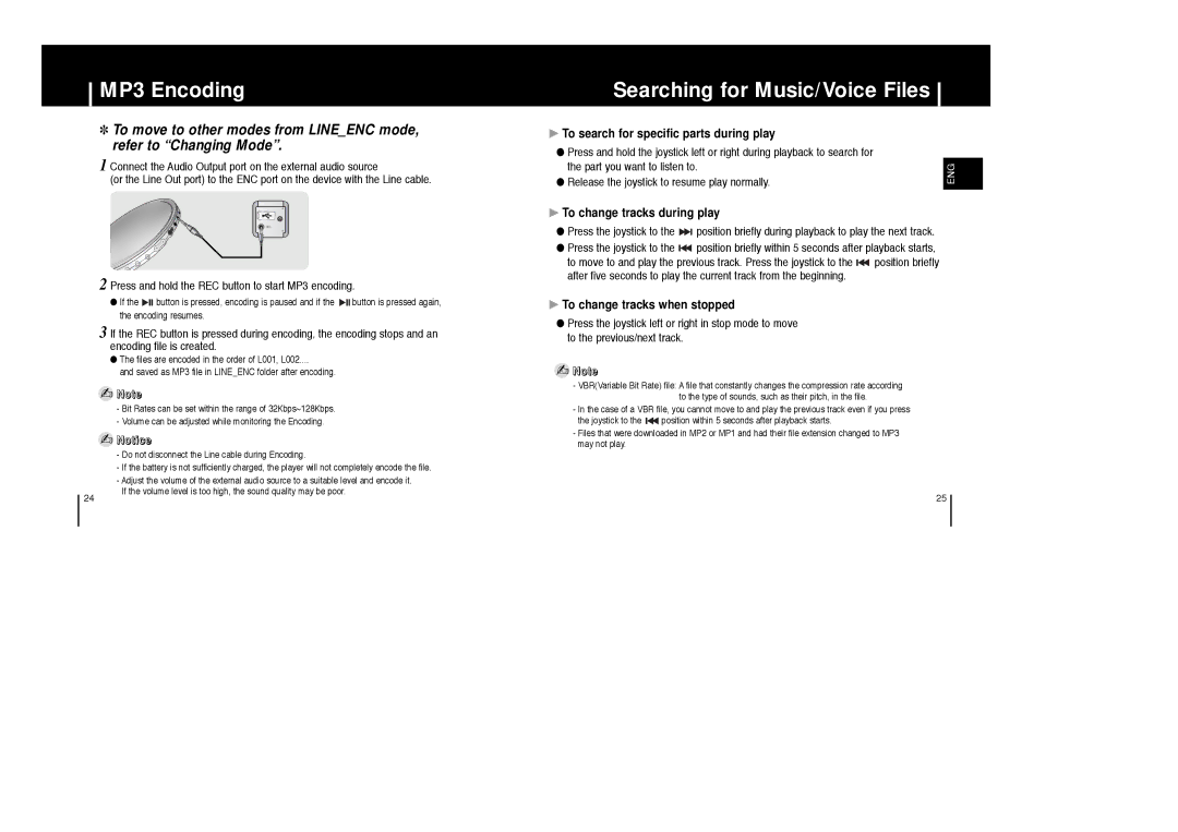 Samsung AH68-01633B manual MP3 Encoding, Searching for Music/Voice Files, To search for specific parts during play 