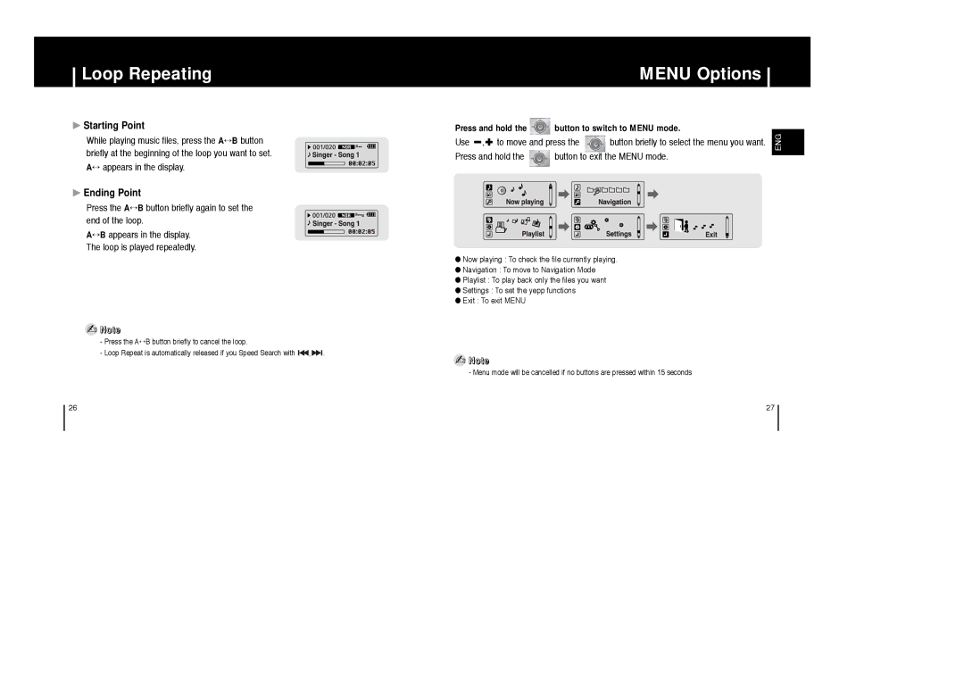 Samsung AH68-01633B manual Loop Repeating, Menu Options, Starting Point, Ending Point 