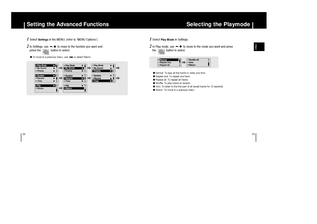 Samsung AH68-01633B manual Selecting the Playmode, Select Play Mode in Settings, To move to the mode you want and press 