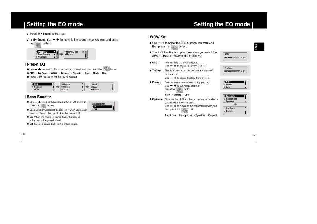 Samsung AH68-01633B manual Setting the EQ mode, Preset EQ, Bass Booster, WOW Set, Use To select the SRS function you want 