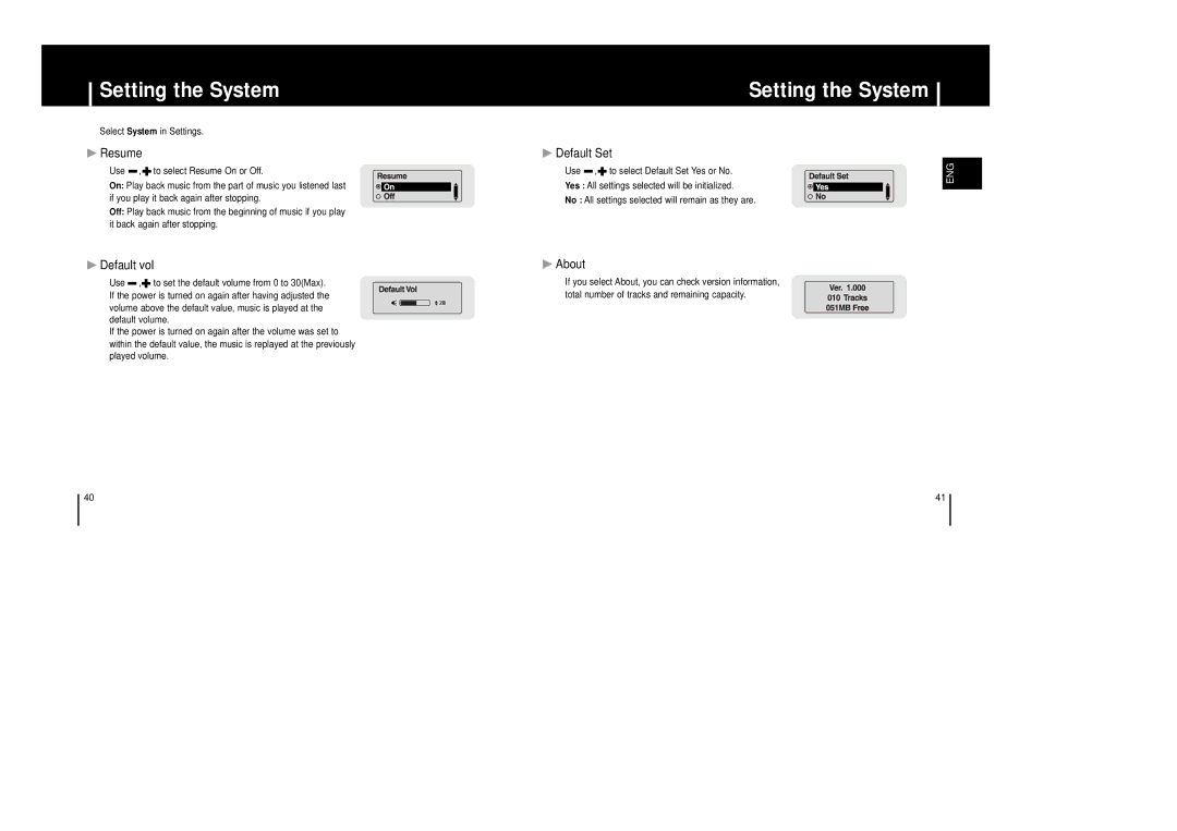 Samsung AH68-01633B manual Resume, Default Set, Default vol, About 