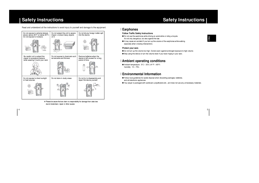 Samsung AH68-01633B manual Safety Instructions, Earphones, Ambient operating conditions, Environmental Information 