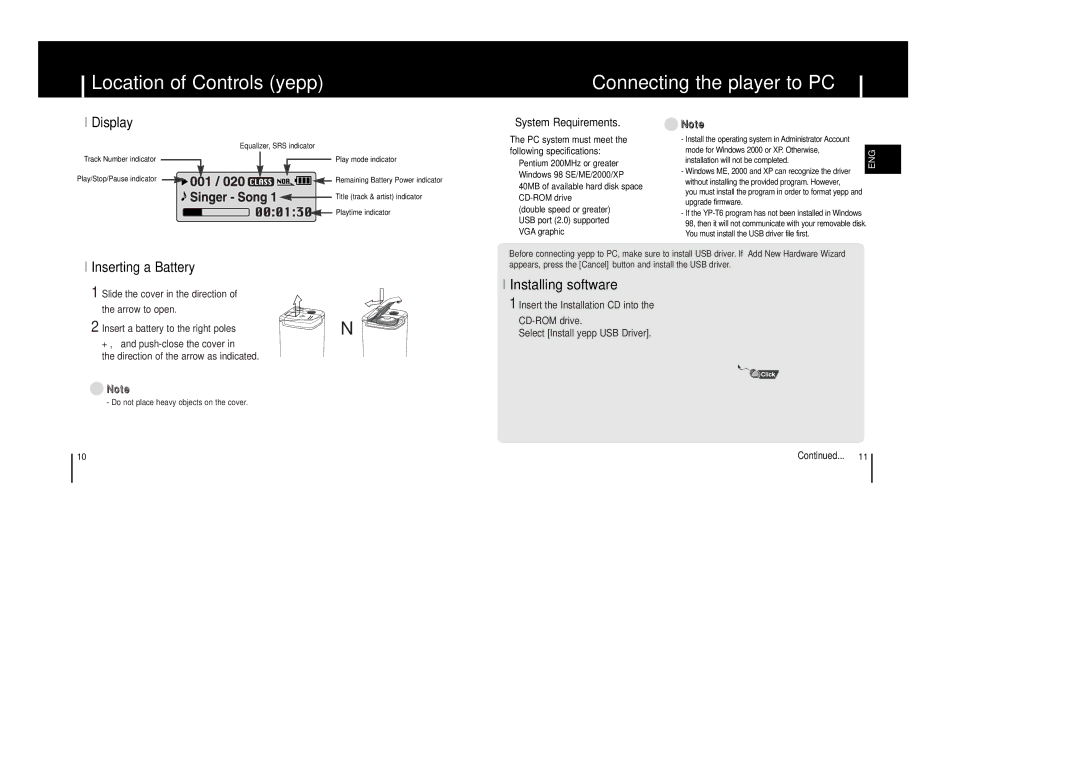 Samsung AH68-01633B manual Location of Controls yepp Connecting the player to PC, Display, Inserting a Battery 