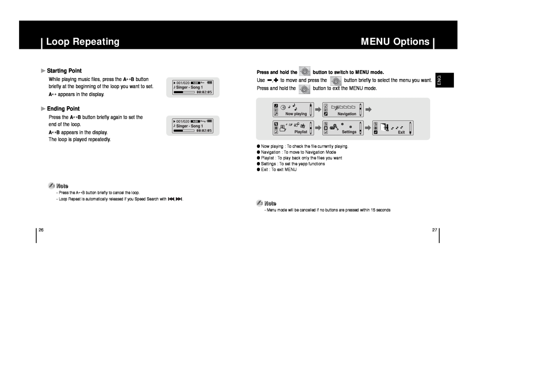 Samsung AH68-01633B manual Loop Repeating, MENU Options, Starting Point, Ending Point 