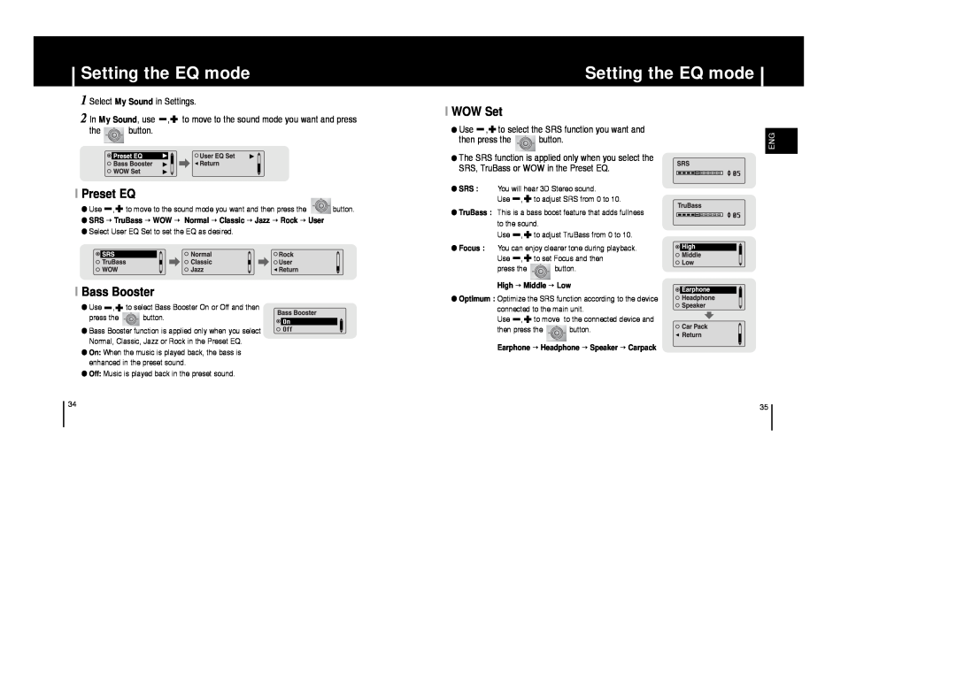 Samsung AH68-01633B manual Setting the EQ mode, I Preset EQ, I Bass Booster, I WOW Set, High → Middle → Low 