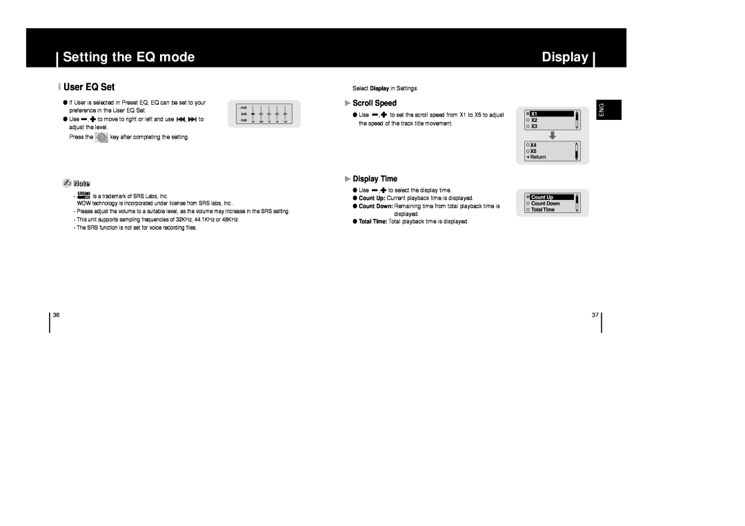 Samsung AH68-01633B manual I User EQ Set, Scroll Speed, Display Time, Setting the EQ mode 