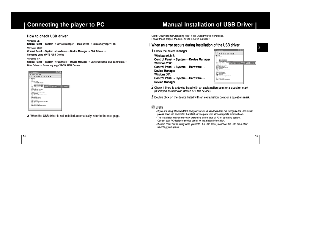 Samsung AH68-01633B manual Manual Installation of USB Driver, How to check USB driver, Connecting the player to PC 