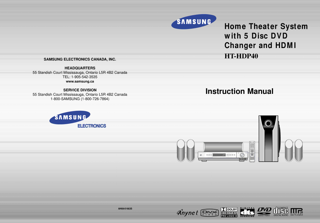 Samsung AH68-01663S instruction manual Home Theater System with 5 Disc DVD Changer and Hdmi 